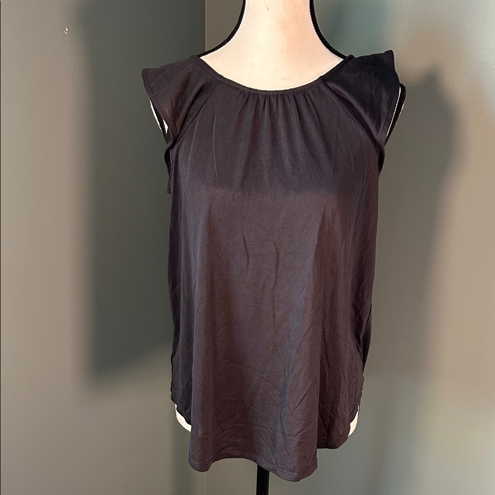 LOFT Charcoal Cap-Sleeve Gathered-Neck Blouse
